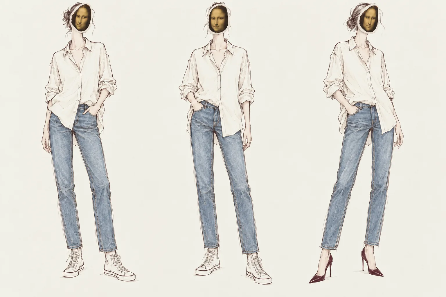 Three fashion sketches in the same white shirt and blue jeans, with pasted Mona Lisa faces; canvas high-top trainers on the first two, burgundy heels on the third