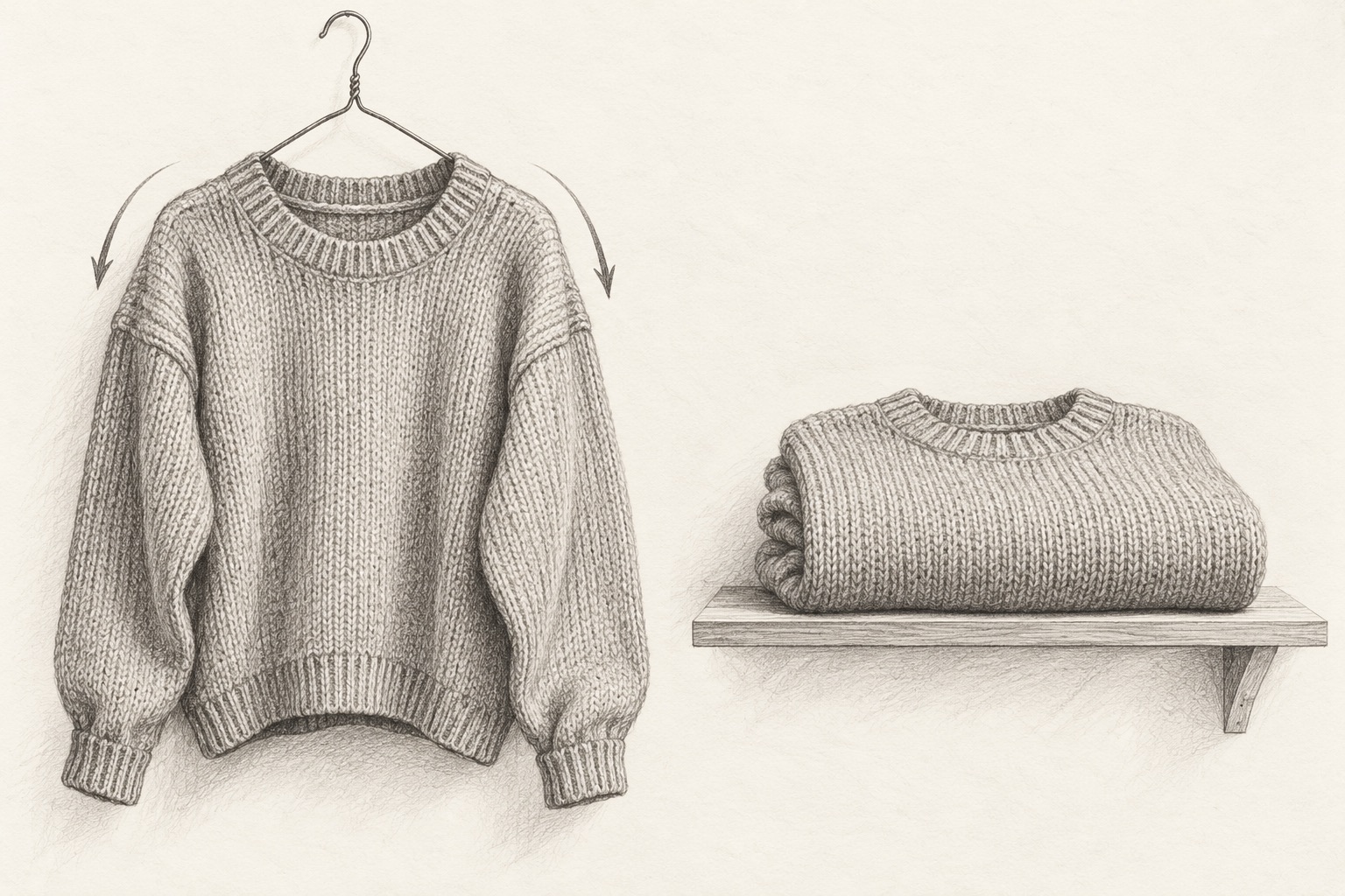 Pencil drawing of the same heavy jumper stretched on a thin hanger and folded neatly on a shelf