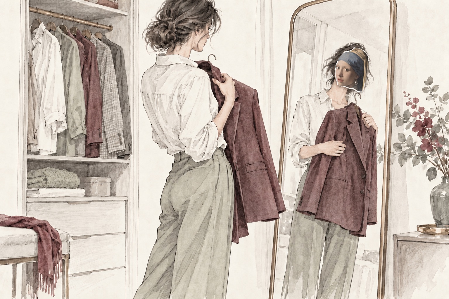 Sketch of a woman trying a jacket against herself in the mirror; the reflected face is a cut-out from Girl with a Pearl Earring
