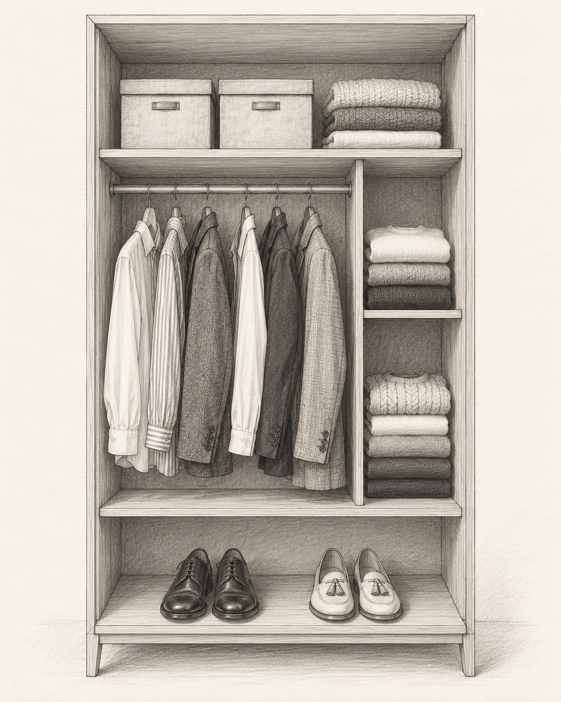Pencil sketch of a wardrobe: boxes above, shirts and knits in the middle, shoes below