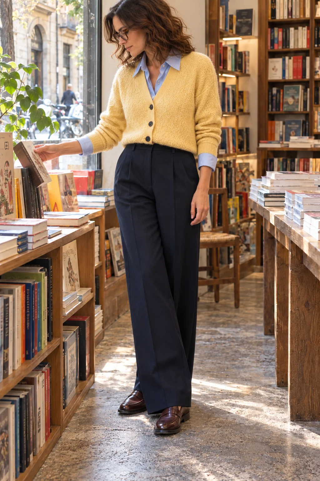 Yellow between shelves. Blue shirting shows beneath the yellow cardigan, and navy trousers pick up the colour without repeating the gesture. You needn't dress like the bookshop to walk into it.
