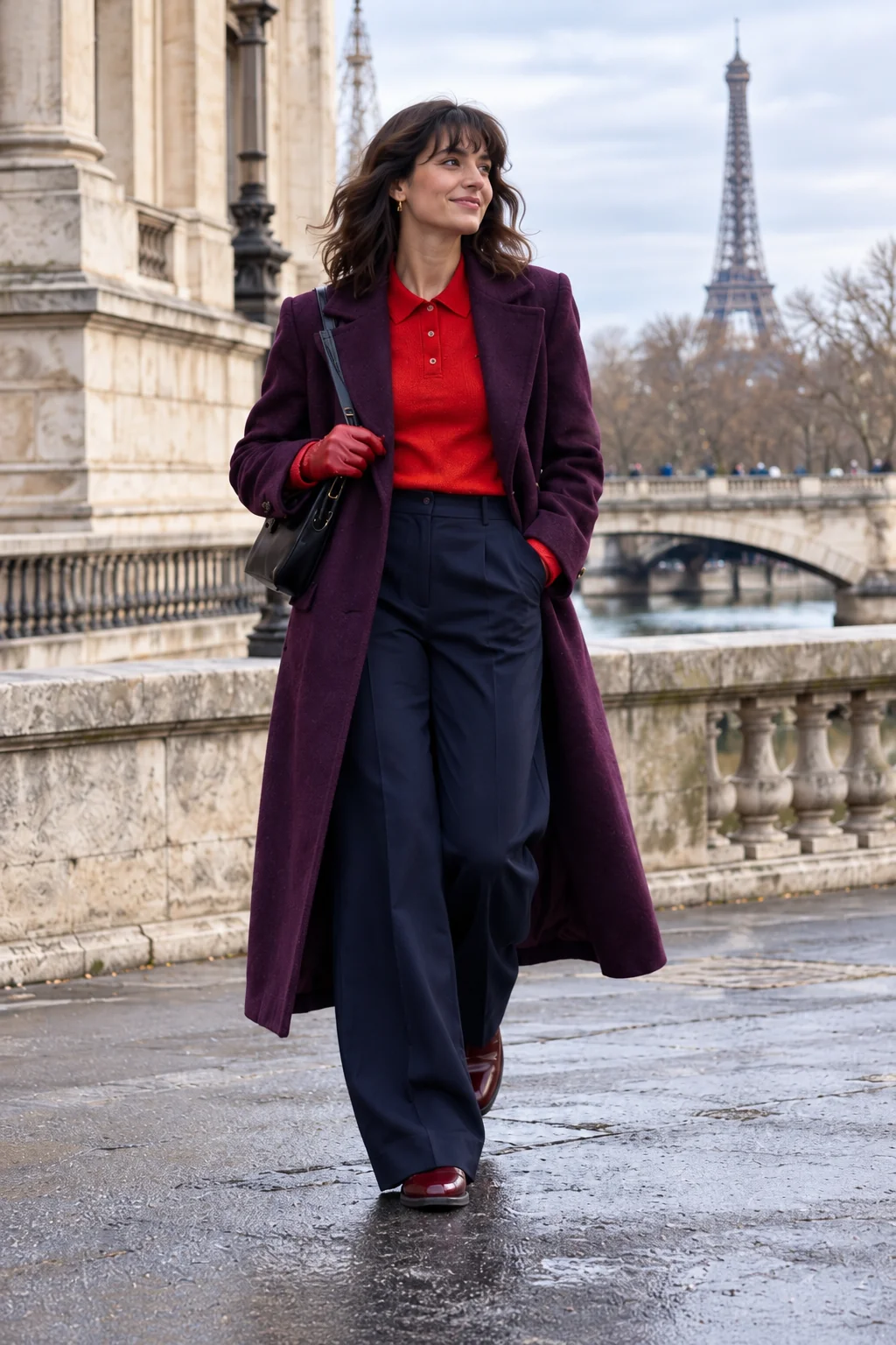 Red beneath plum. The red polo makes no attempt to soften the plum coat. Navy trousers give both colours room, and the gloves repeat red exactly once.