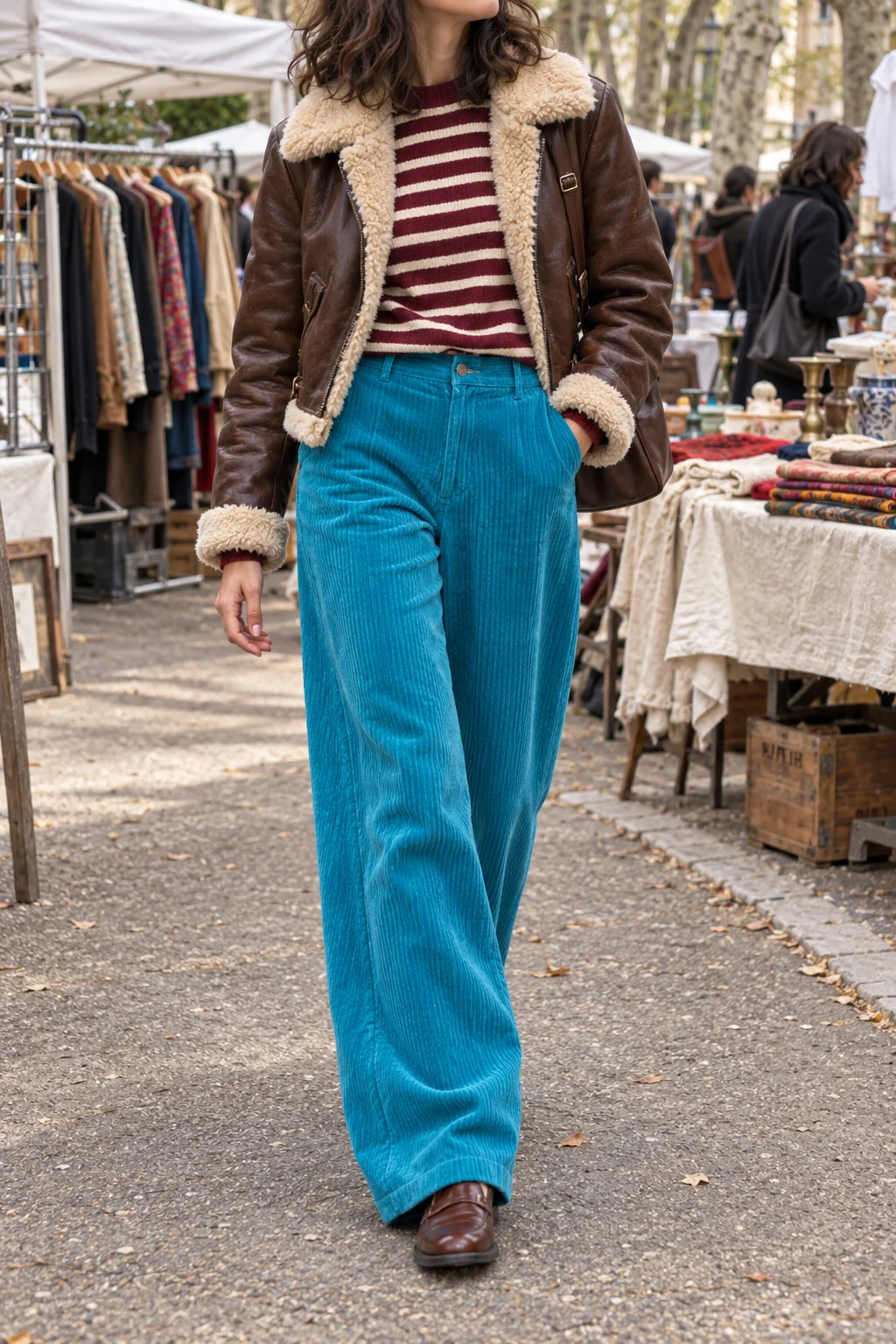 Stripes against corduroy. Burgundy stripes could have stayed safely with the brown jacket. The turquoise corduroy trousers decide otherwise. Texture holds the mix together.