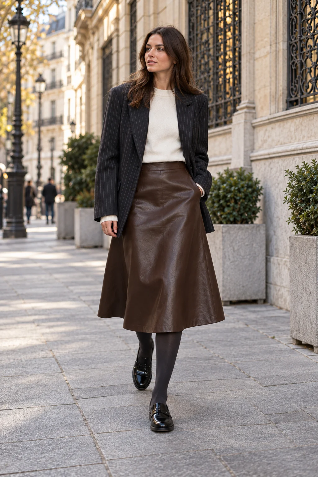 A skirt against pinstripes. Pinstripes set a very clear direction. The brown leather skirt declines to follow it, but keeps the outfit's weight. Better this way.