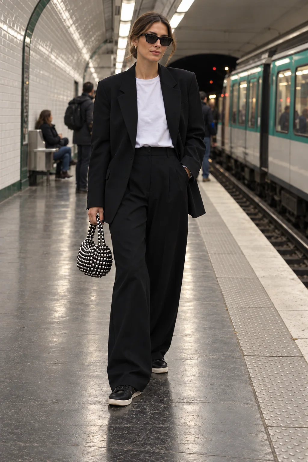 A little shine at the station. A black suit and white tee could go unnoticed on the platform. The beaded bag won't. Trainers let the shine travel without ceremony.