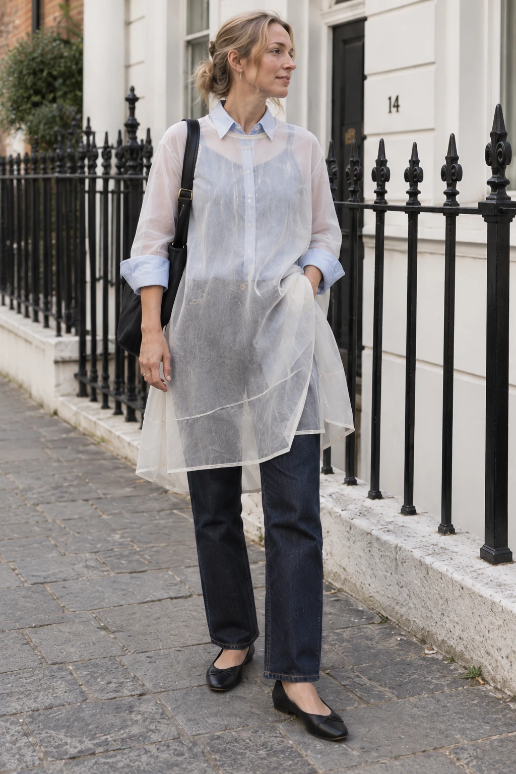 Through the layers. The sheer layer runs past the shirt and leaves the jeans in view. That extra length changes an ordinary blue-shirt outfit without adding much weight. Covering everything up would rather miss the point. It adds a romantic touch, too.