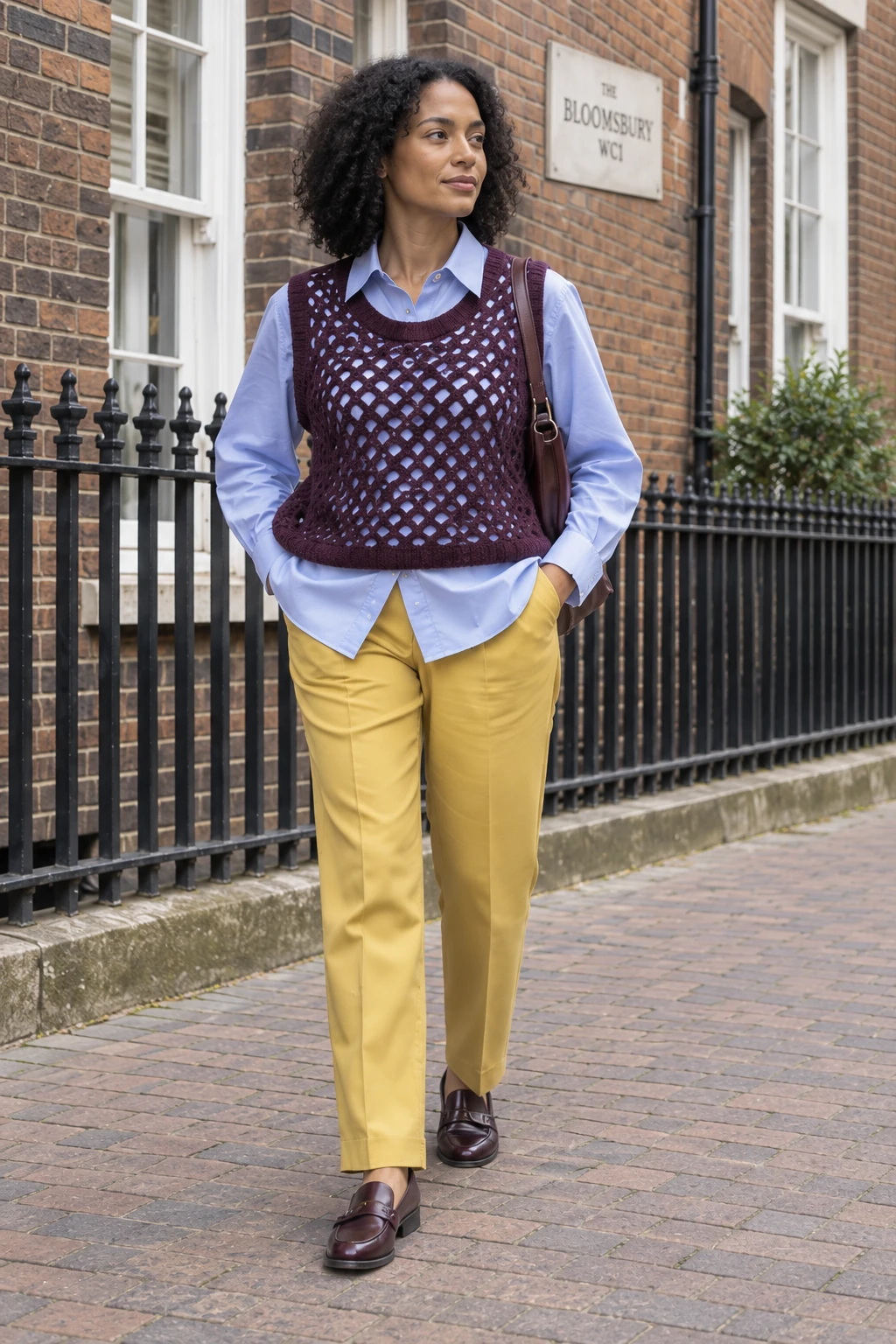 Mustard changes everything. The plum open knit lets the blue shirt show through. Mustard trousers keep the shirt-and-vest combination from settling into school uniform. The dark loafers give three colours a clear stopping point.