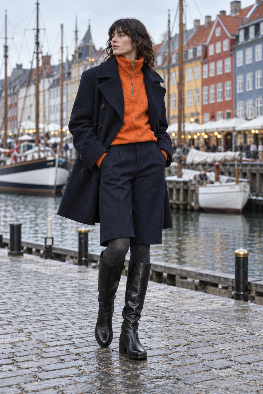 An opening for orange fleece. Orange fleece takes the place where we'd expect a wool jumper. The long shorts and peacoat repeat the navy; tights and boots carry the line on below. The contrast sits at the top, where it's easy to read.