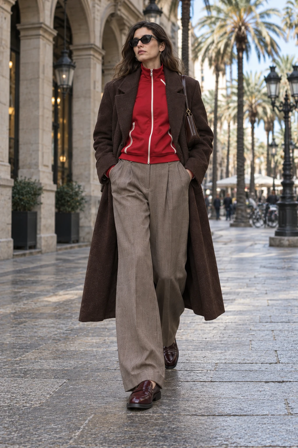Red between wool layers. Cream piping and a zip make the red jacket's sporting origins quite clear. Between the chocolate coat and pleated trousers, it's still the first thing you notice. The outfit didn't need another formal piece.