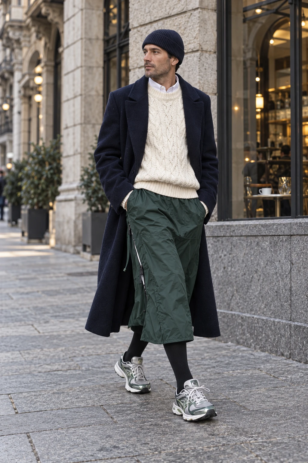 The skirt switches fabrics. The cable knit and navy coat seem to have everything settled until the green nylon appears. A side zip and trainers keep the skirt firmly in technical territory. Swap it for satin and you'd have a different idea.