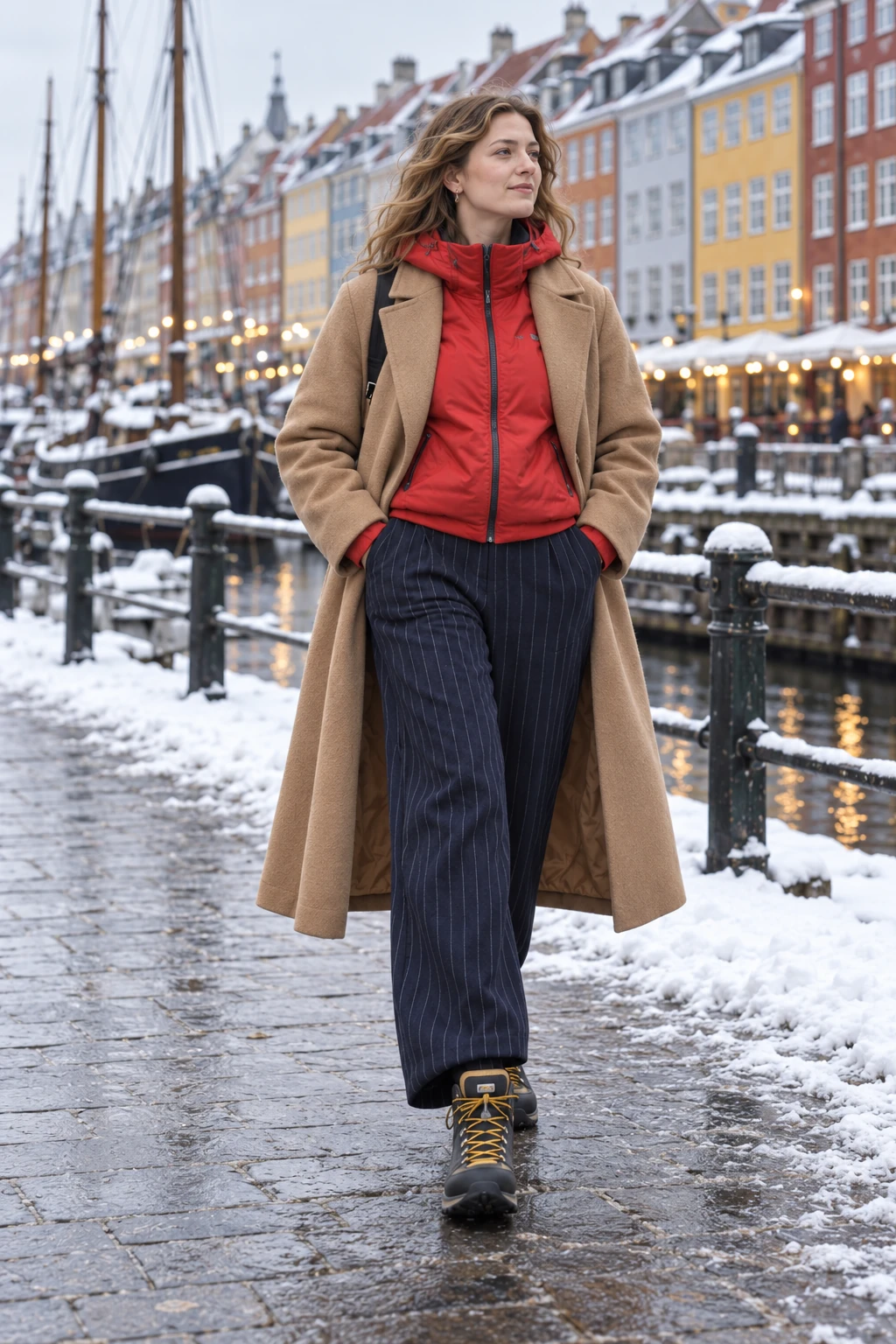 Pinstripes meet hiking boots. The camel coat and pinstriped trousers leave room for a red technical jacket. Below, yellow laces make it impossible to mistake the boots for dress shoes. The chunky sole makes sense with trousers this wide.
